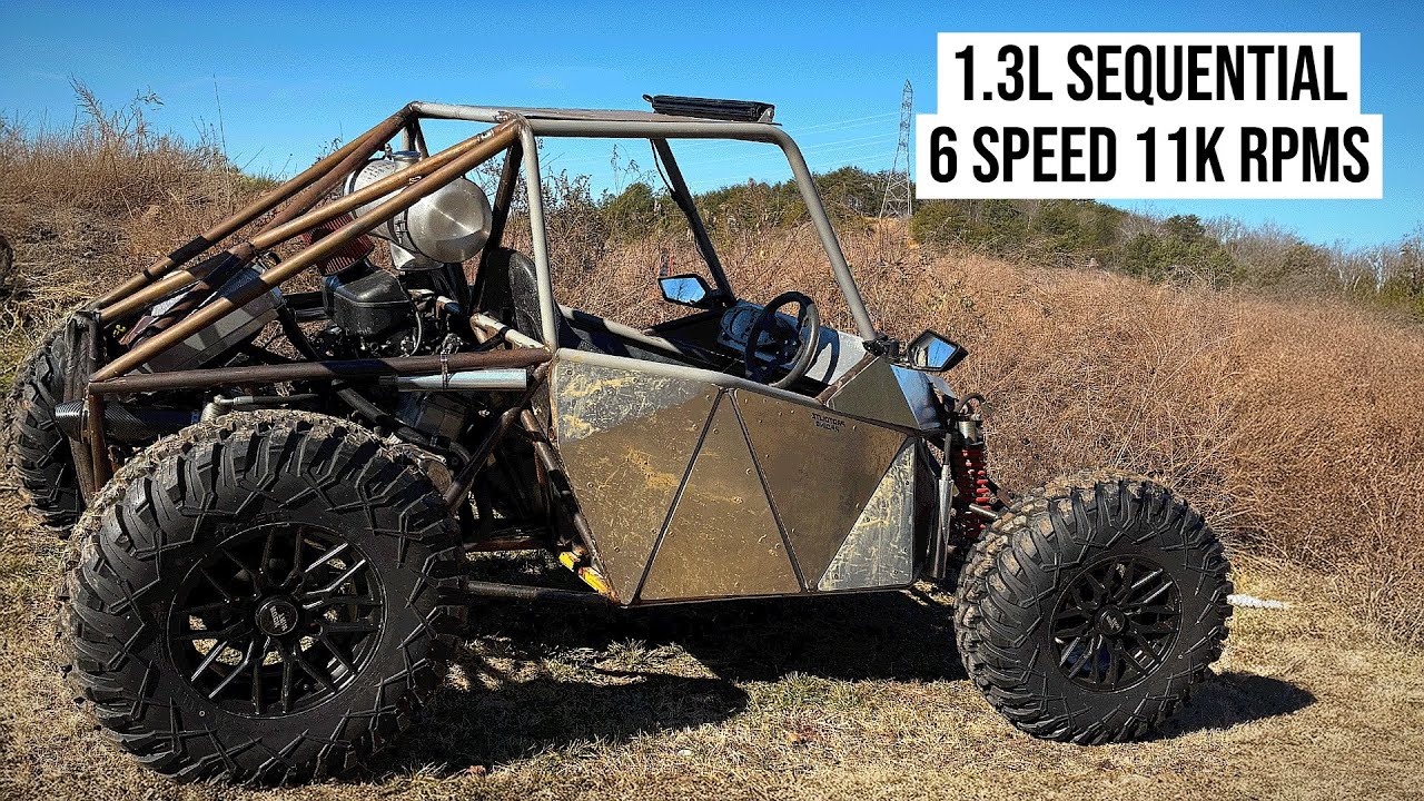 YouTube post by @VasilyBuilds for Benchmark Abrasives. Caption reads: Testing my hayabusa swapped SXS.