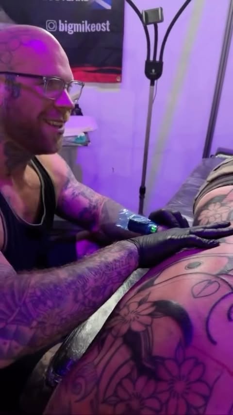 Instagram post by @bigmikeost for Barber DTS Tattoo Supplies. Caption reads: Now class! Can we all say….BIG F**KING HANNYA!!!....
