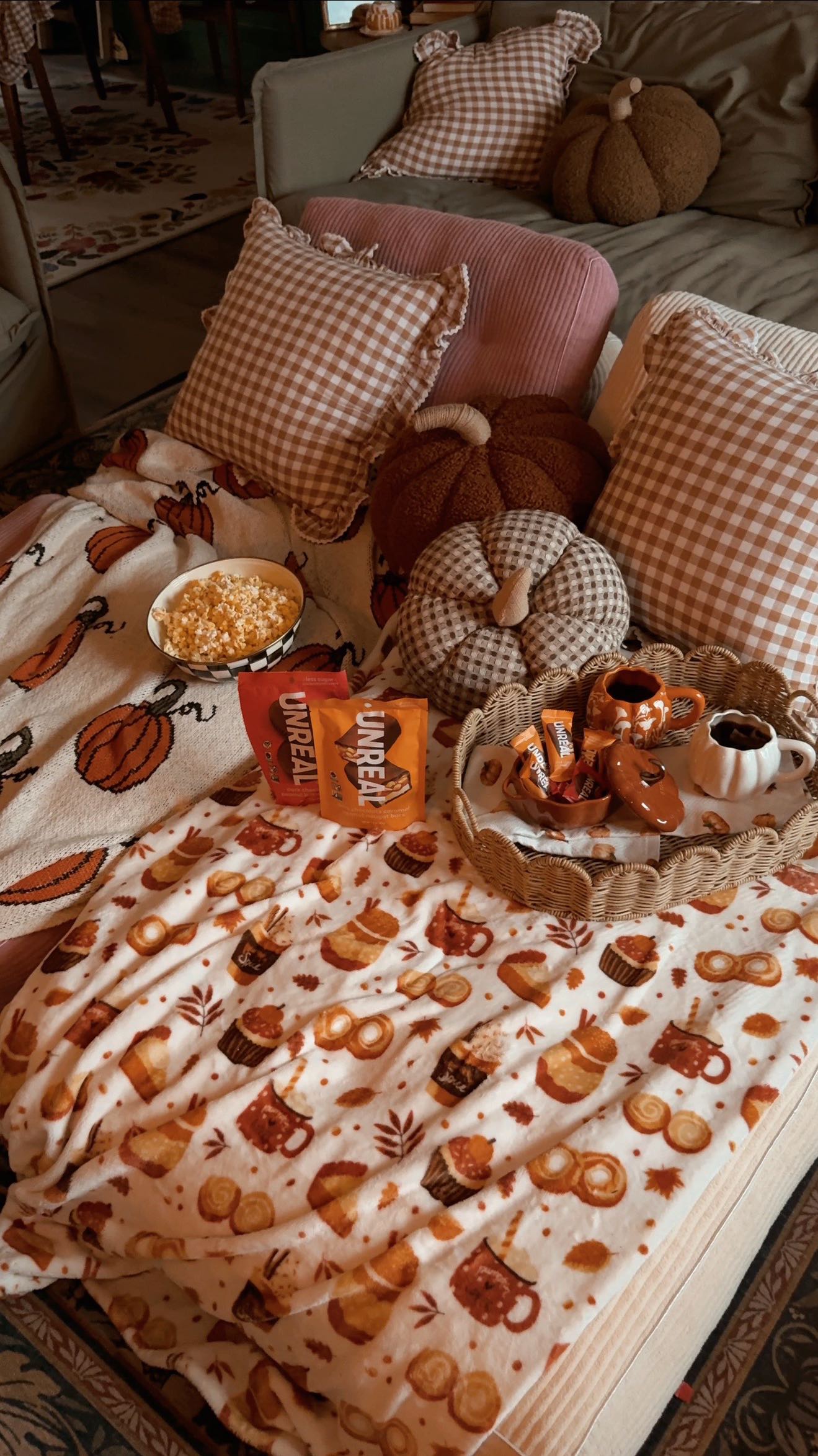Instagram post by @flashesofstyle for UNREAL Snacks. Caption reads: Fall movie night complete with @Unreal.snacks....
