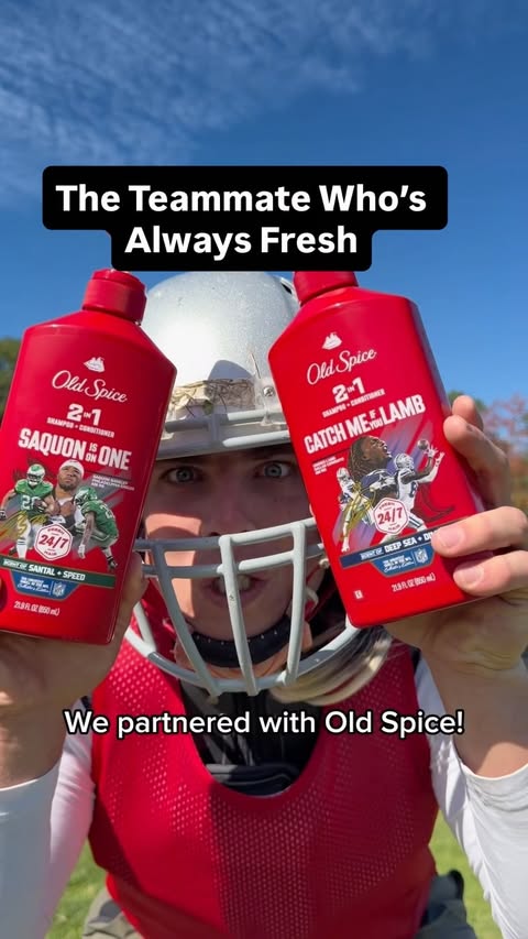 Instagram post by @bigbuckettony for Old Spice. Caption reads: [...] the greatest smell in the NFL with....