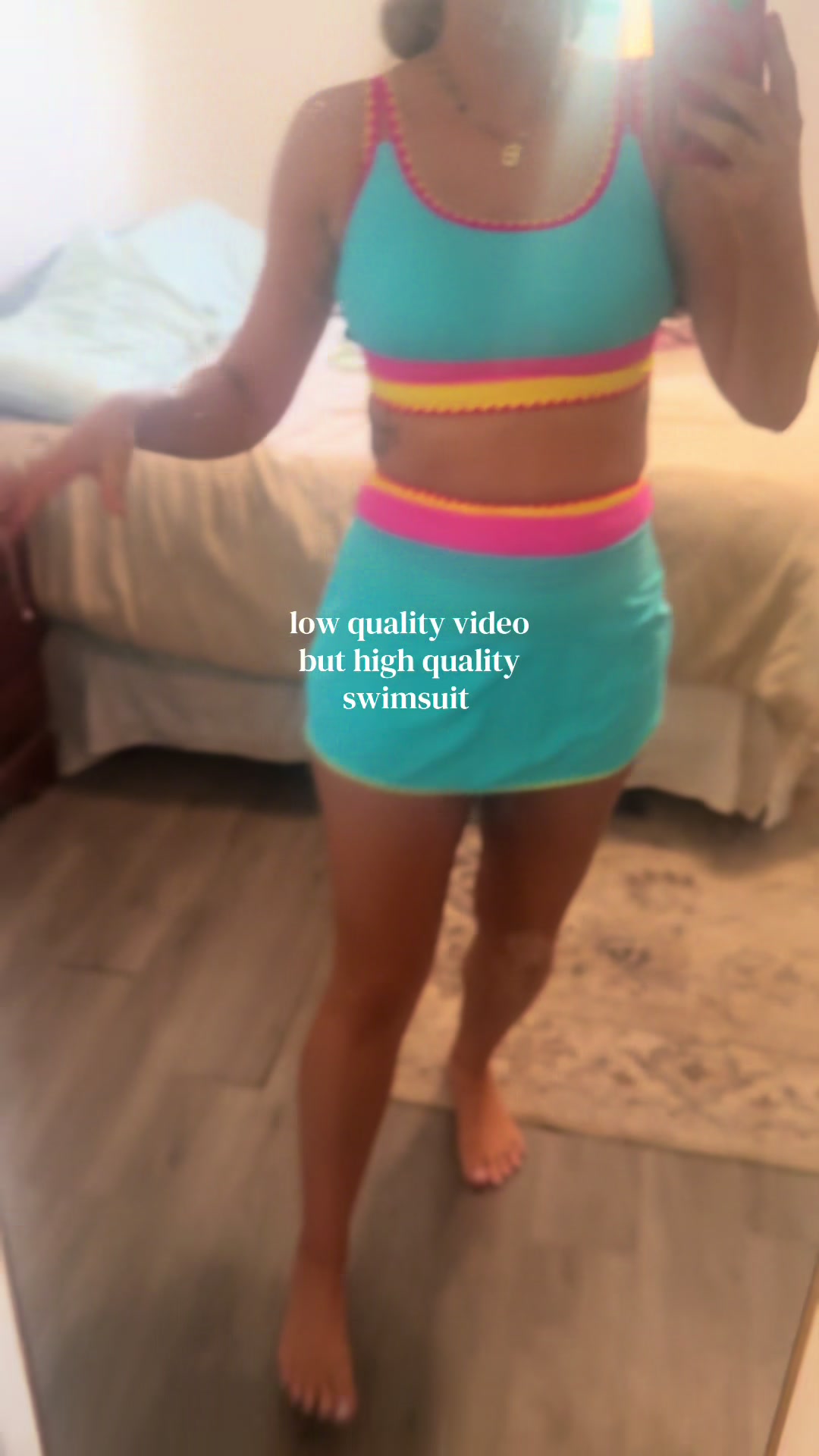 TikTok post by an influencer for Popvil Swimwear. Caption reads: the bad lighting and dirty mirror couldn’t stop me....