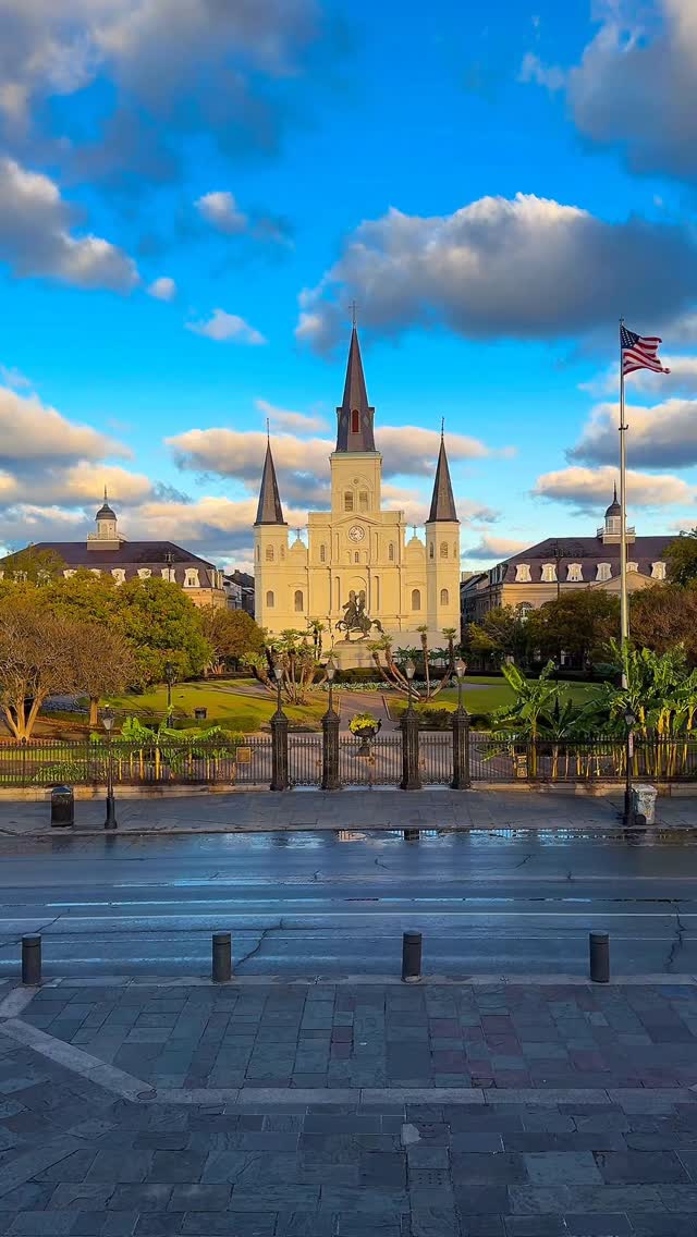 Instagram post by @davidnola for Visit New Orleans. Caption reads: A crisp breeze, sunlight on St. Louis Cathedral....