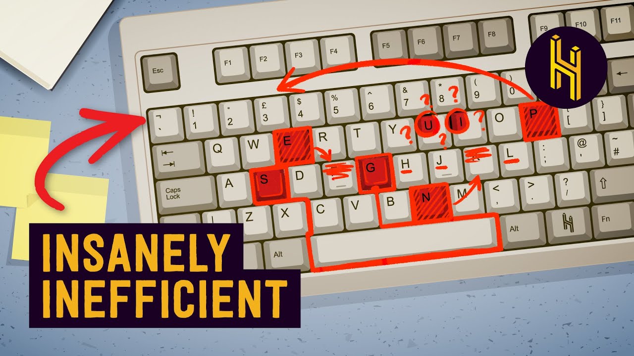 YouTube post by @halfasinteresting for Brilliant.org. Caption reads: Why The QWERTY Keyboard Actually Sucks.