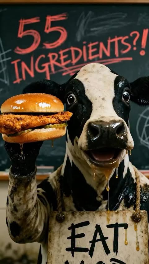 Instagram post by @thebrainrotreels for Chick-fil-A. Caption reads: 55 ingredients for ONE sandwich… the lab results....