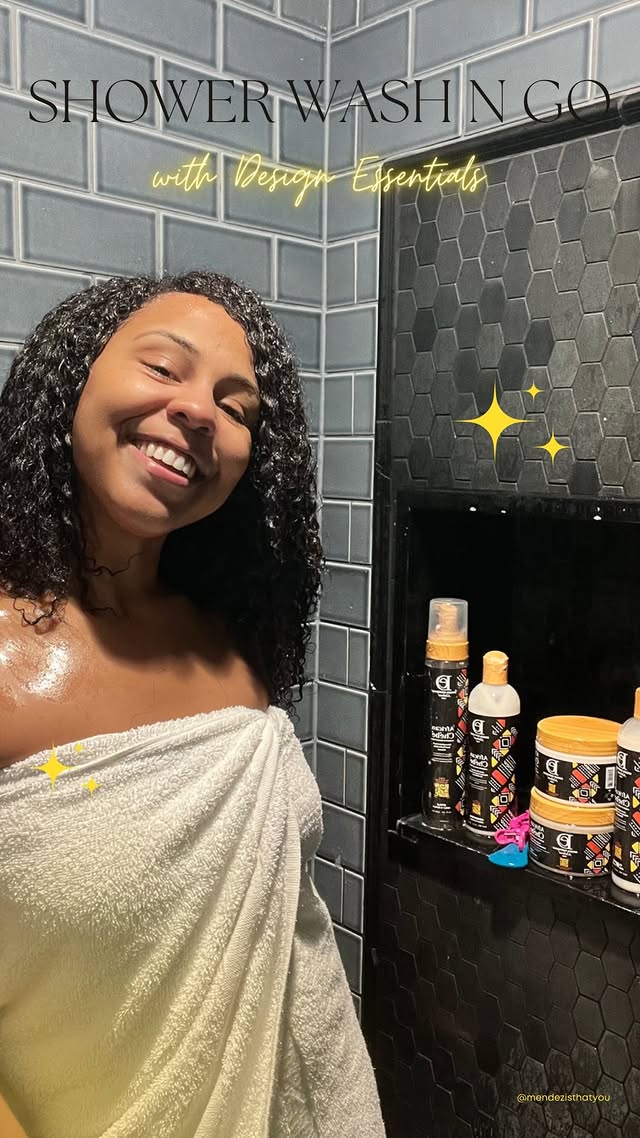 Instagram post by @mendezisthatyou for Design Essentials. Caption reads: Shower wash n go with @designessentialsnatural new....