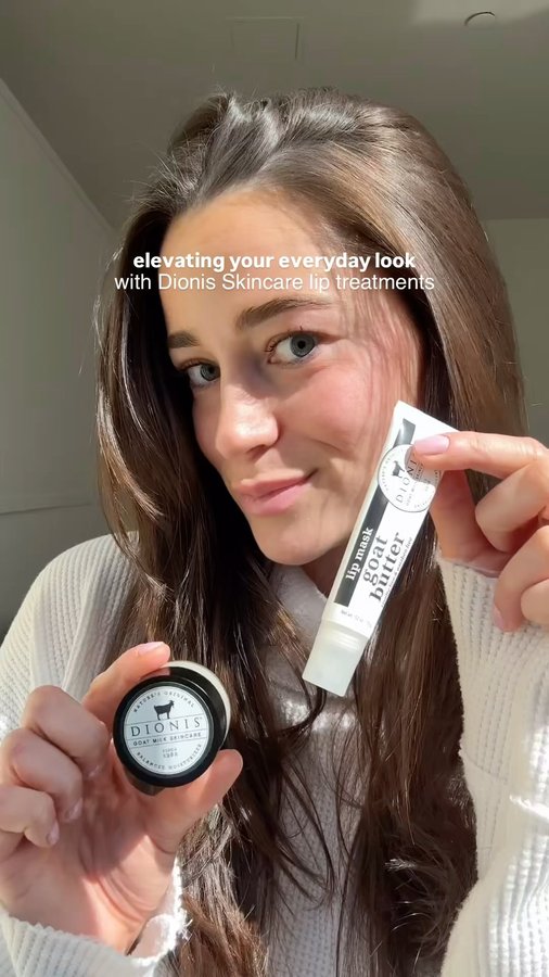 Instagram post by @maddiecostantino for Dionis Goat Milk Skincare. Caption reads: no look is completed without a hydrated lip🤫....
