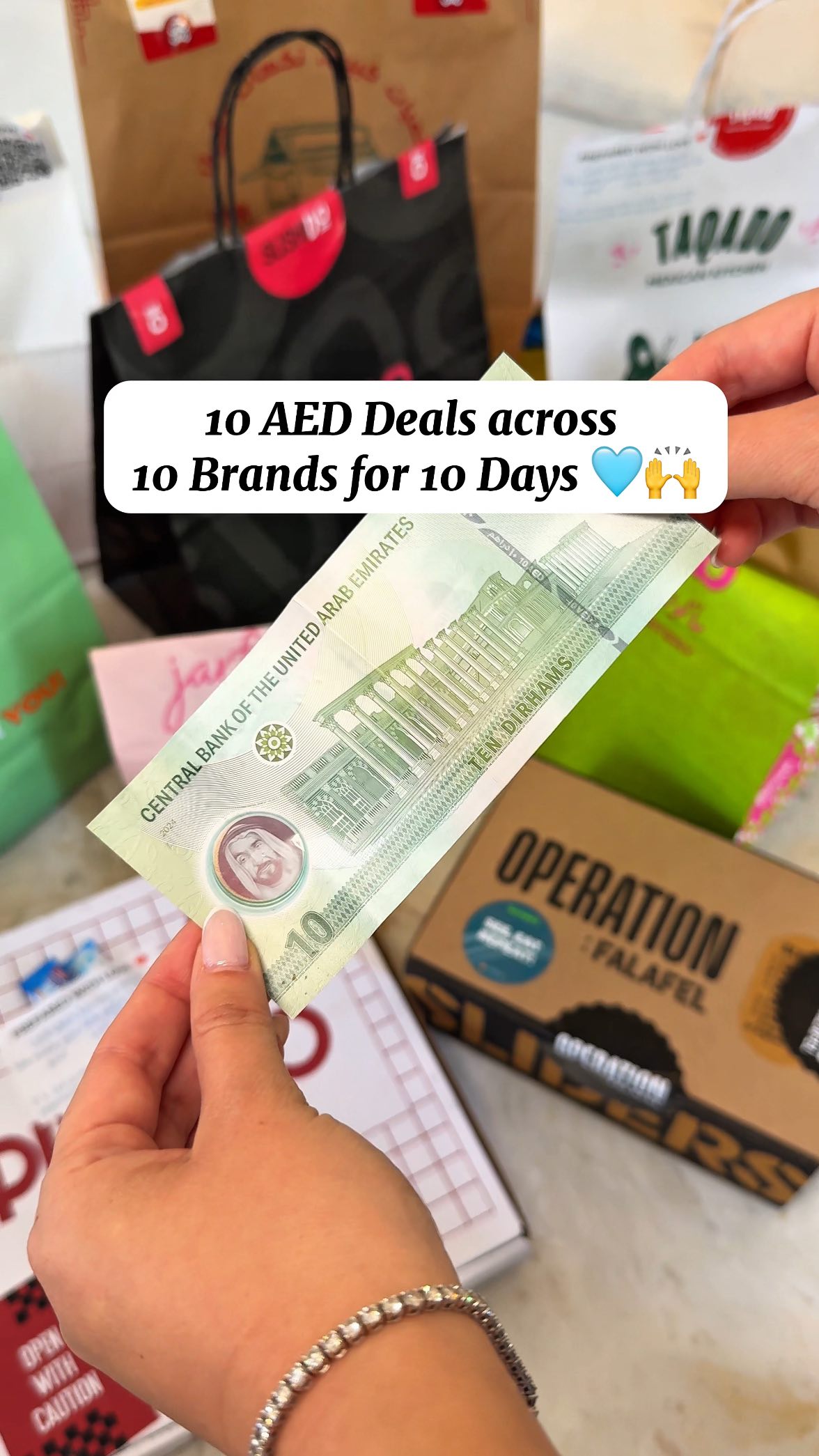 Instagram post by @thedubailist for talabat. Caption reads: THIS IS CRAZY! 10 AED deals across 10 brands for....