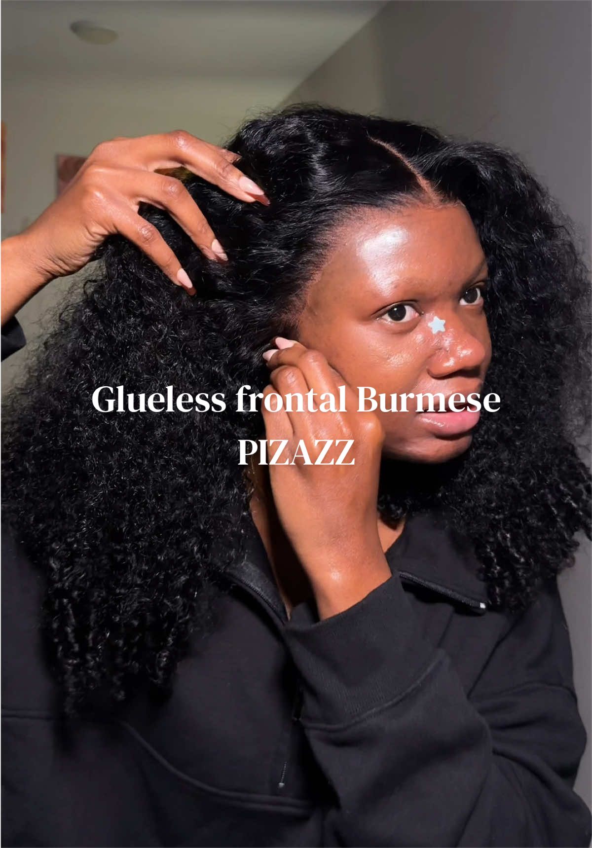 TikTok post by @mercirella1 for Pizazz Hair. Caption reads: Glueless frontal Burmese curly wig @Pizazz Hair....