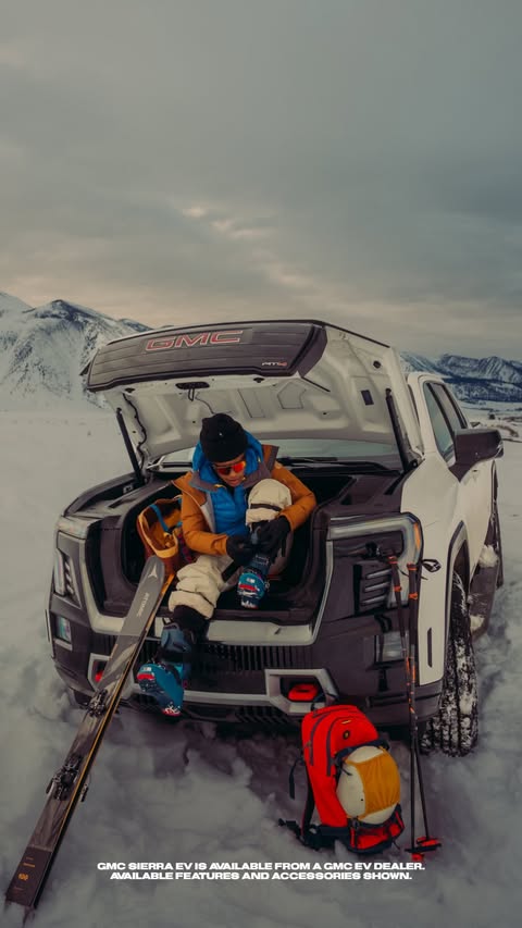 Instagram post by @urbanclimbr for GMC. Caption reads: Backcountry ready with the @GMC Sierra AT4 EV.....
