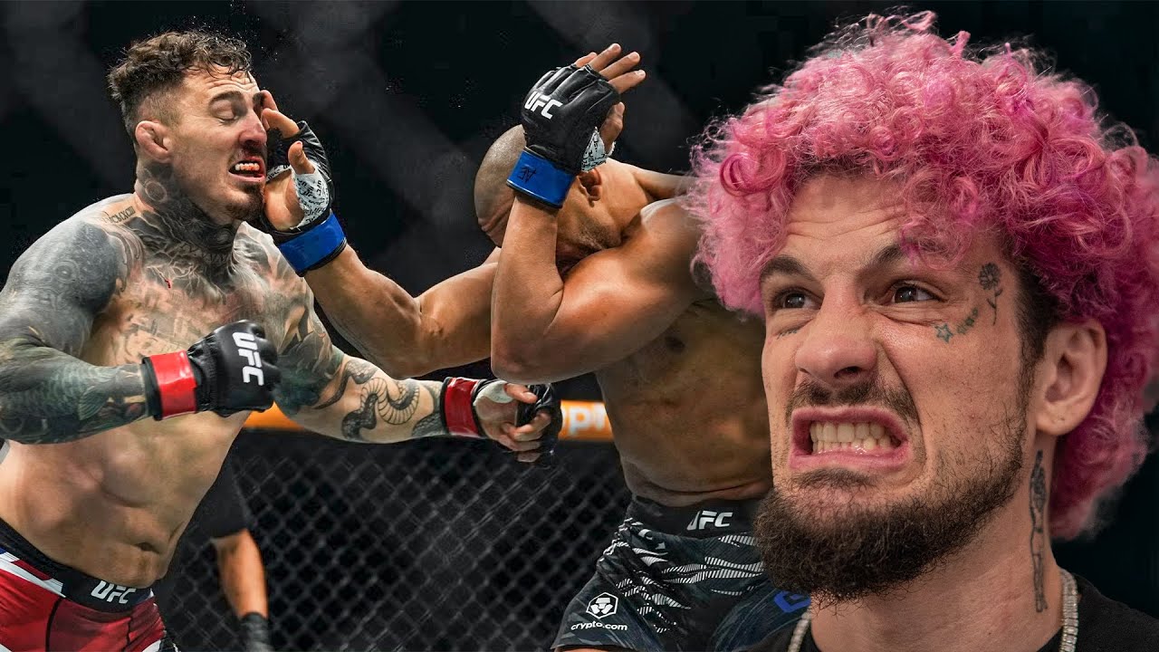 YouTube post by @SugaSeanUFC for PrizePicks. Caption reads: Suga Reacts to Eye Poke Ending | Tom Aspinall vs....