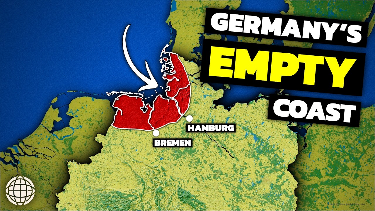 YouTube post by @GeographyByGeoff for Freepik Contributor. Caption reads: Why Germany Has No Major Cities On The North Sea.