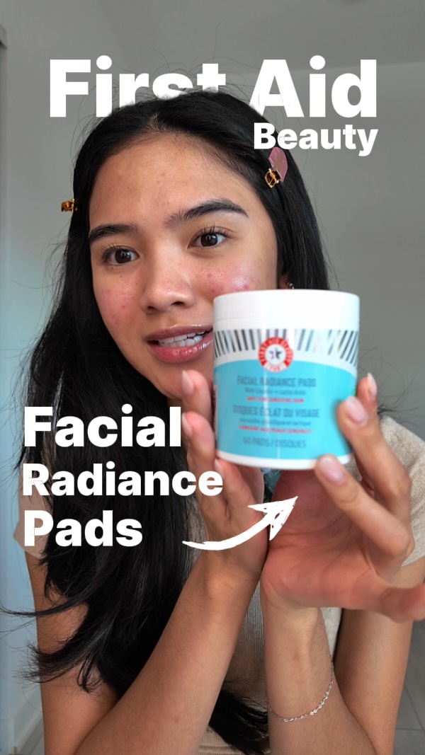 Instagram post by @kiarabasa for First Aid Beauty. Caption reads: These exfoliating pads from the @firstaidbeauty....