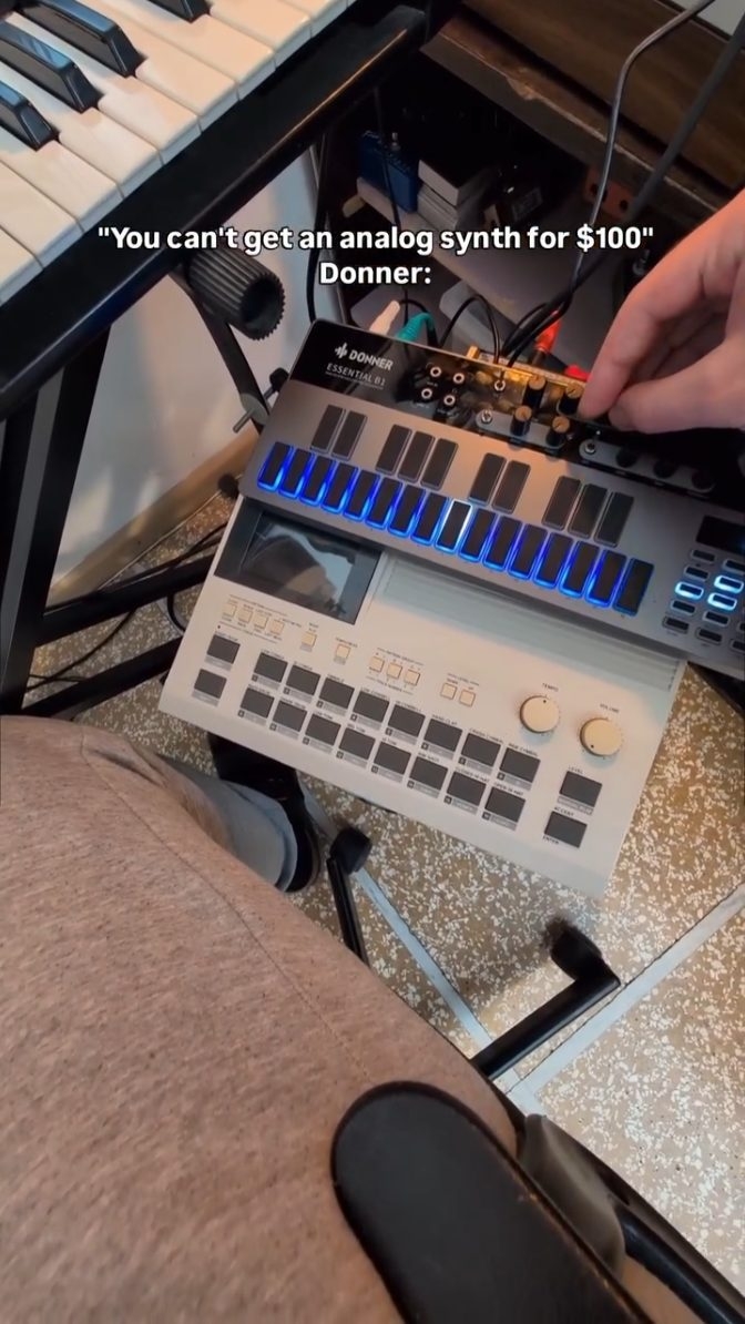 Instagram post by @emazamboni for DonnerMusic. Caption reads: It's essentially a 303 with square, saw,....