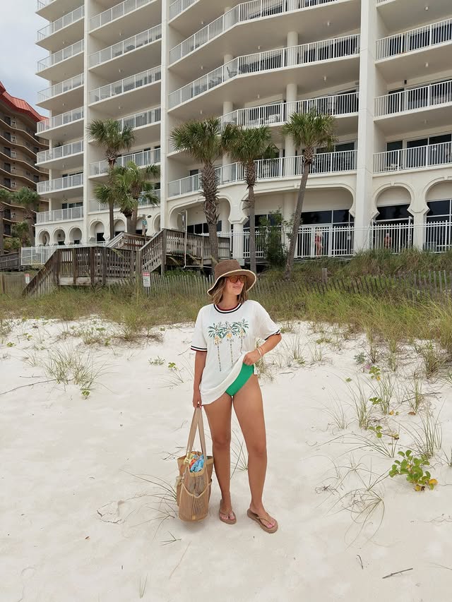Instagram post by @itsmegmitchell for American Eagle. Caption reads: beach fit is bananass 🌴🌞🐚🍌 wearing some of my....