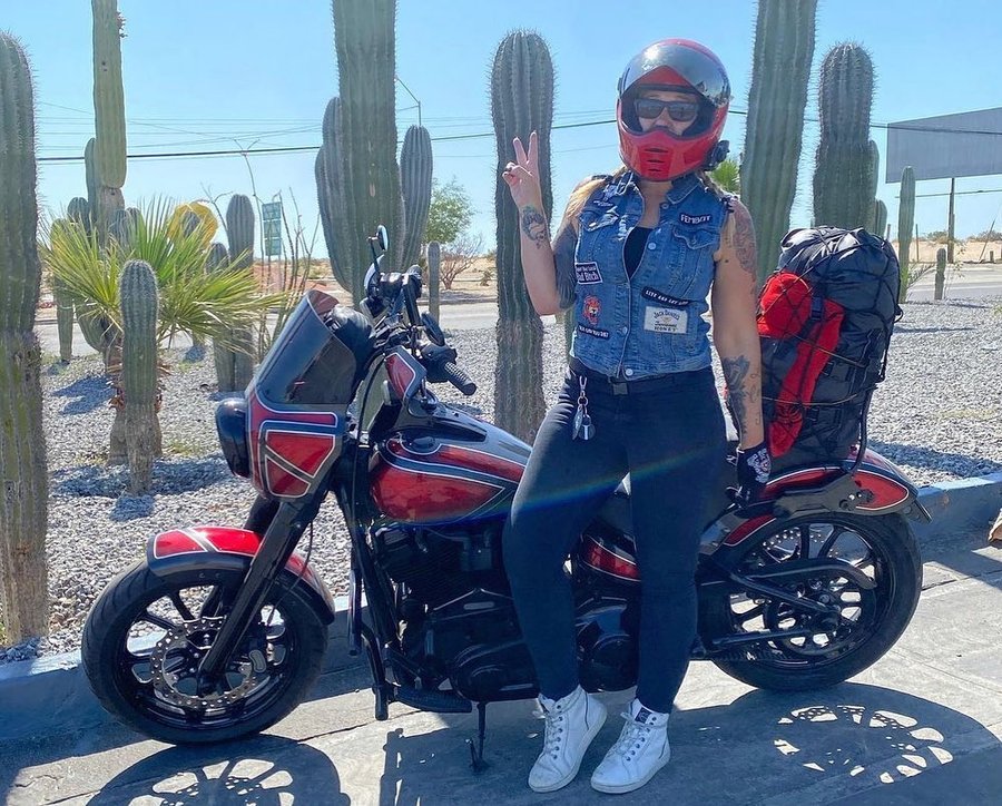 Instagram post by @thatgirl_gogo for Biltwell. Caption reads: [...] begins with 503 miles to Stop #1 @biltwell....