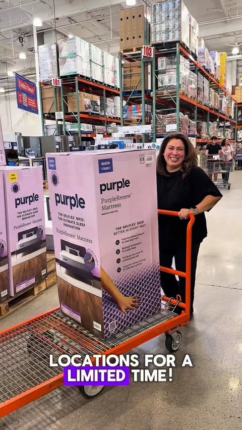 Instagram post by @costcosisters for Purple. Caption reads: Sleep upgrade unlocked 💜🛏️ #ad #purplead If....