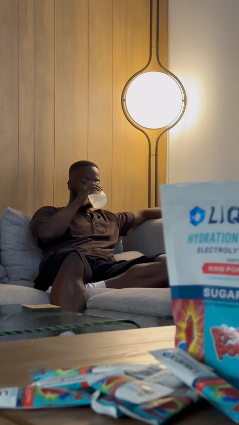 Instagram post by @fkdarkor for Liquid I.V.. Caption reads: Always need a @LiquidIV recharge at the crib once....