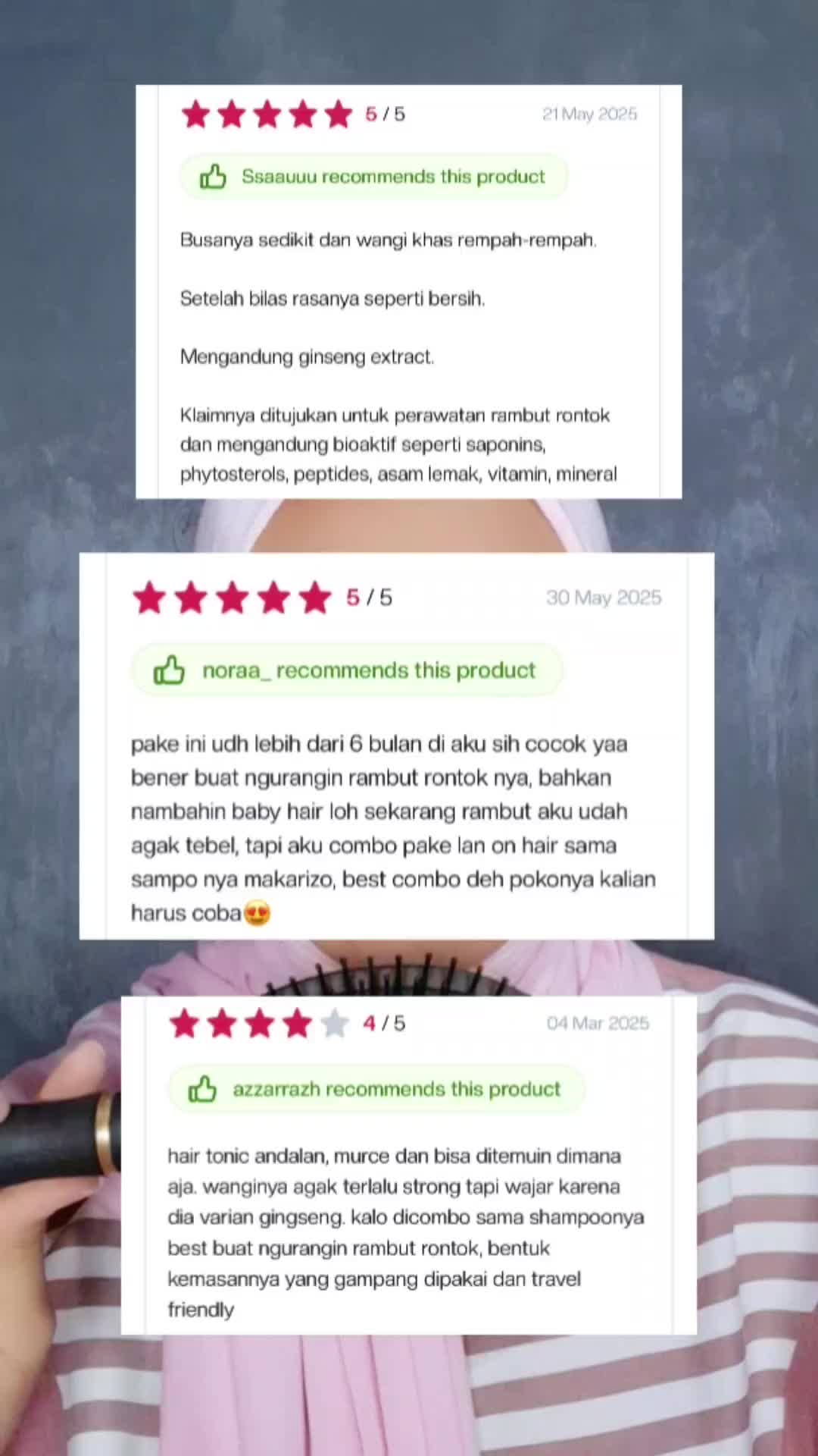 TikTok post by @dhinadiana for Natur. Caption reads: Kalau mau cari yang aman untuk rambut rontok, aku....