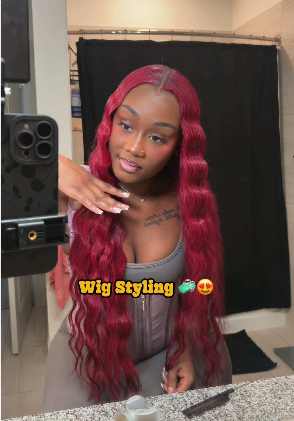 TikTok post by @thedollanaria for Forgirl Forever Wig. Caption reads: 😍😍😍😍🍫 Grab this ear to ear 13x6 wear go....