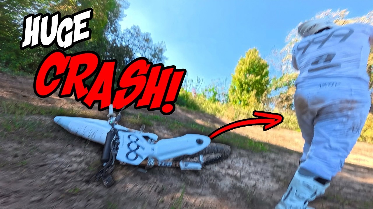 YouTube post by @NickTomasunas for 100% Bike. Caption reads: The Biggest CRASH of my LIFE!! 💀.