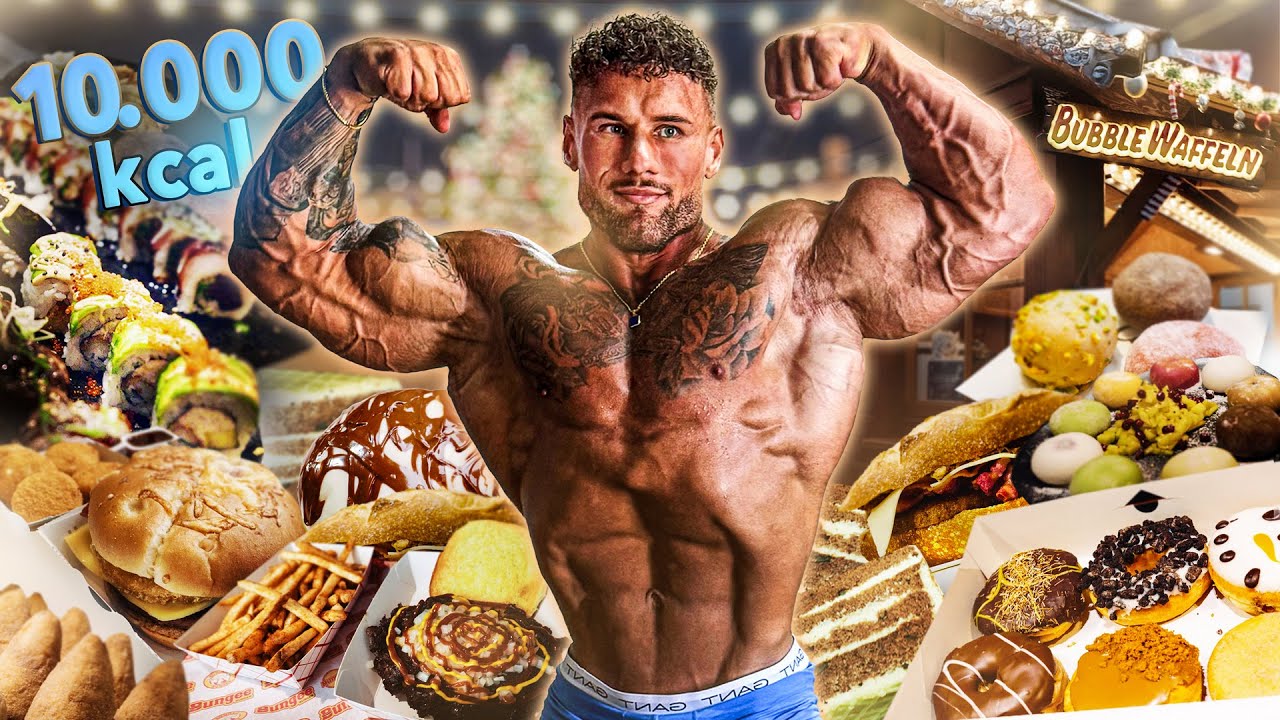 YouTube post by @LeonidasArkona for Esn. Caption reads: XXL Cheat Day at the Christmas market (I eat....