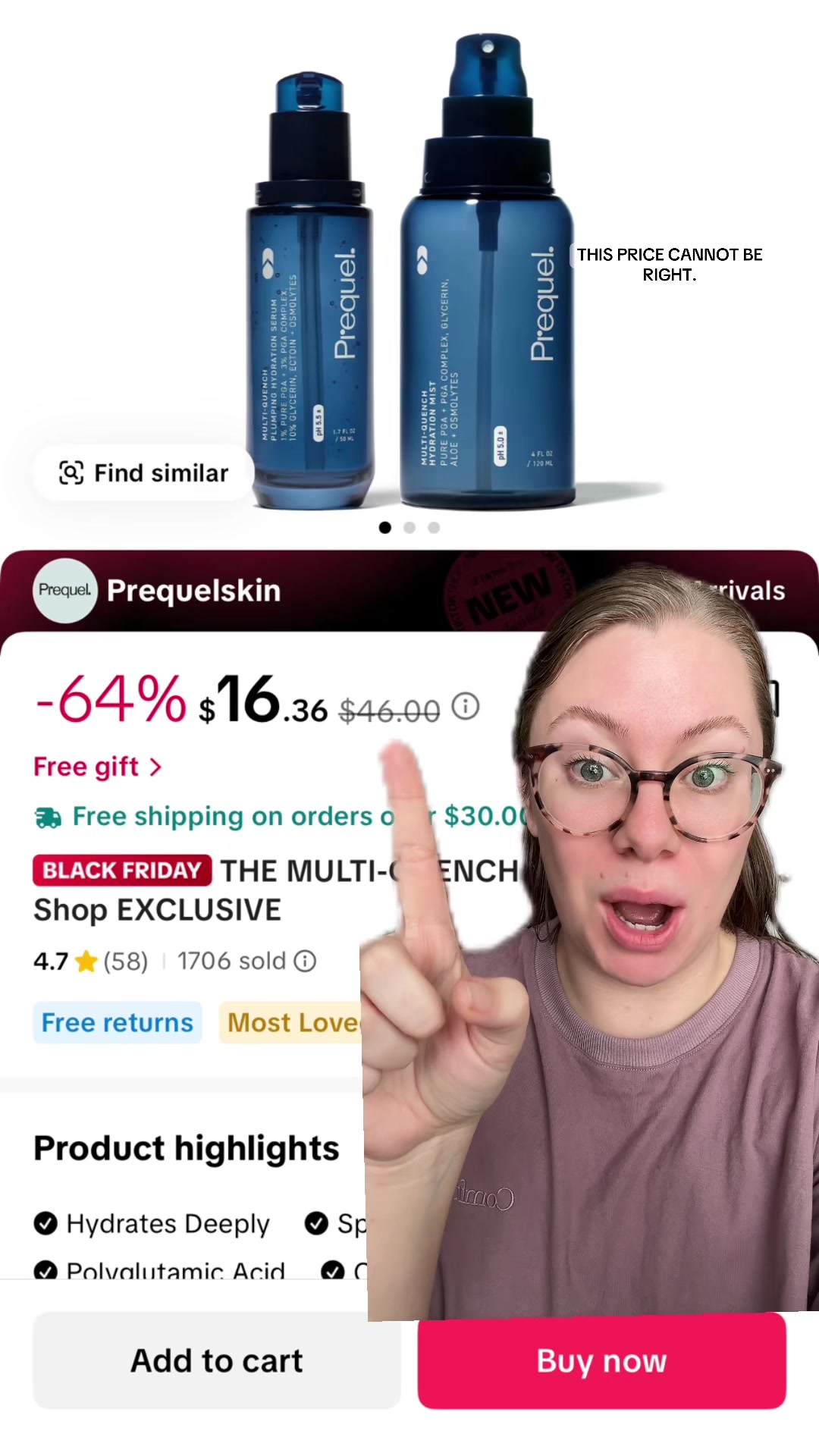 TikTok post by @that_coupon_chick for Prequel Skin. Caption reads: [...] on sale for 64% off?! @Prequelskin....