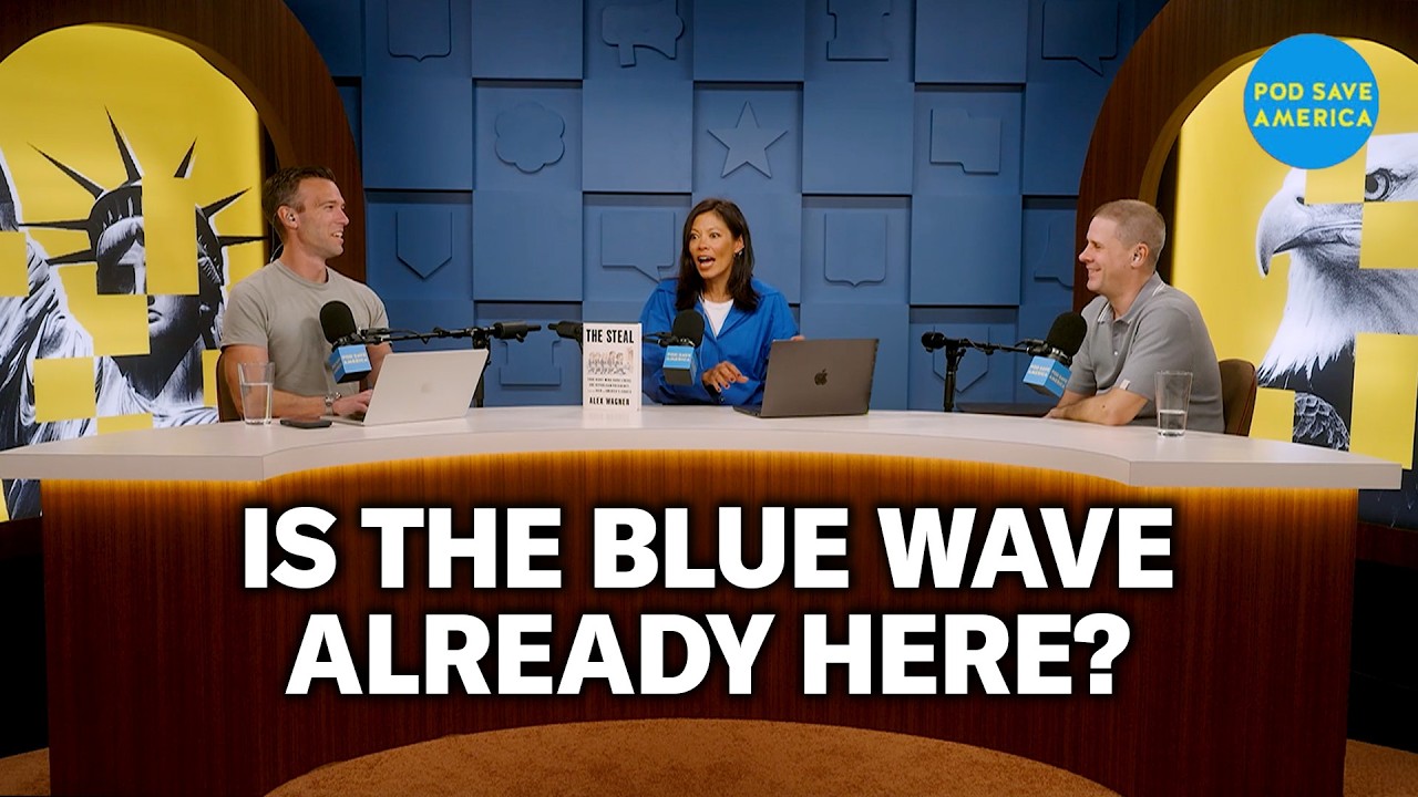 YouTube post by @podsaveamerica for SimpliSafe. Caption reads: Trump Quietly PANICS as New Polls Point to BLUE....