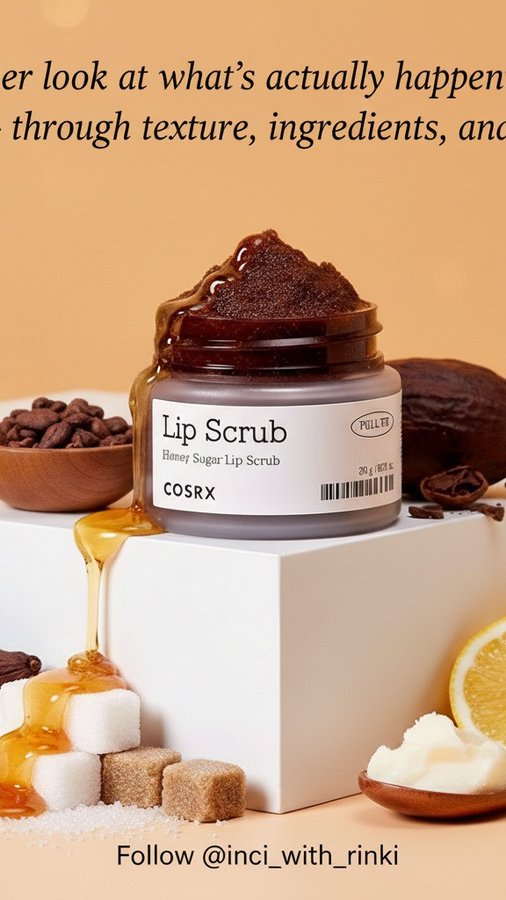 Instagram post by @inci_with_rinki for COSRX. Caption reads: 🧪 @cosrx_uk Honey Sugar Lip Balm Ingredient....