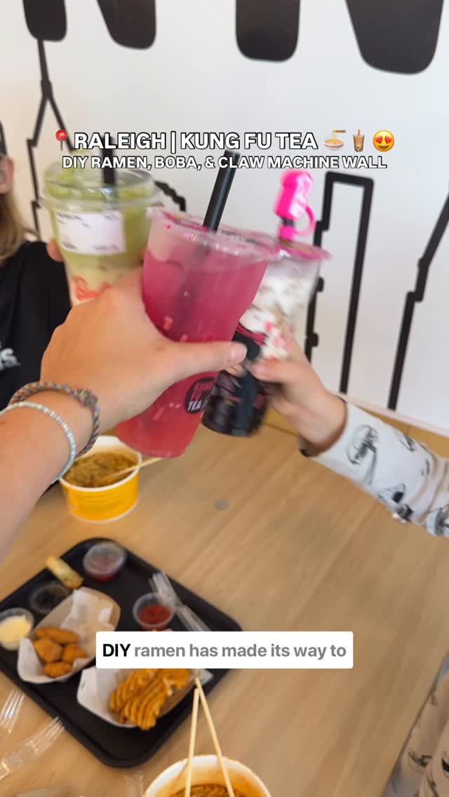Instagram post by @trianglefamiliesexplore for Kung Fu Tea. Caption reads: 👀🍜 Boba, DIY ramen, and a claw machine?! My kids....