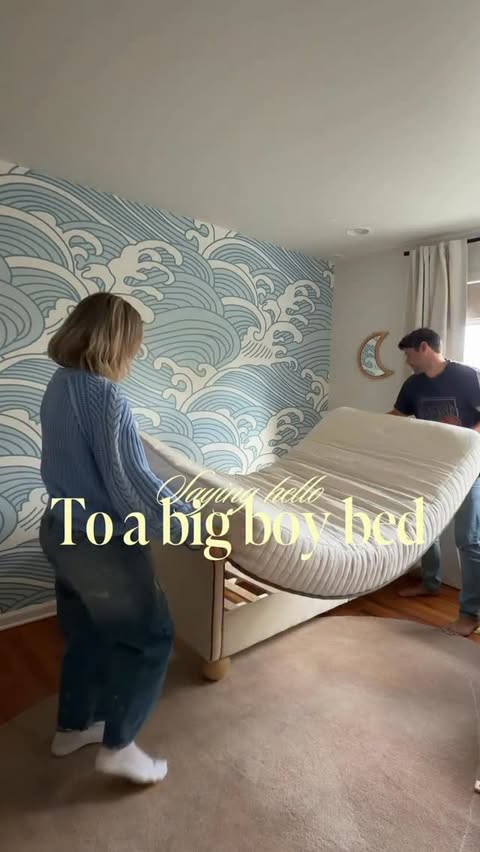 Instagram post by @lindseystackhouse_ for Avocado Green Mattress. Caption reads: Big boy bed = unlocked. Huddy is thriving, I’m....