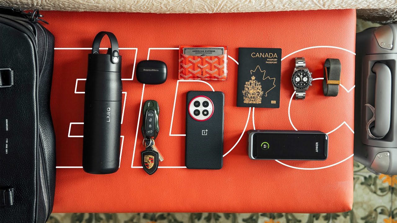 YouTube post by @andresvidoza for AnkerMake. Caption reads: What's in my Travel Bag 2025 - Premium Tech +....