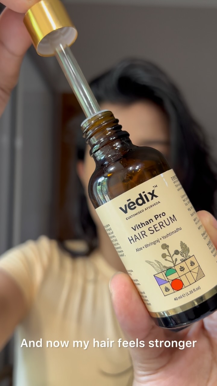 Instagram post by @sakshiaofficial for Vedix. Caption reads: From endless hair fall panic to finally loving my....