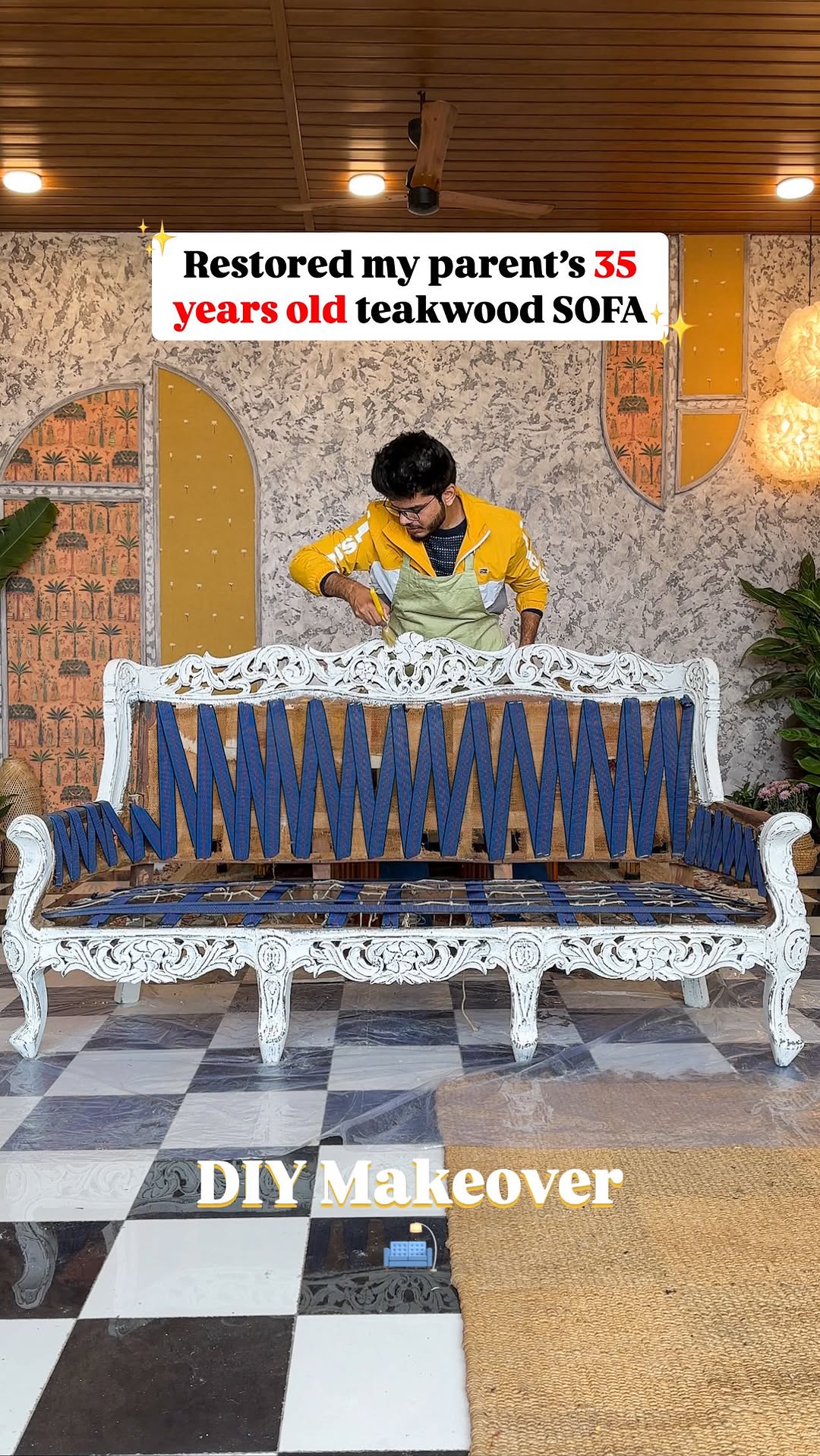 Instagram post by @_createyourtaste_ for Asian Paints. Caption reads: Papa Mummy ke 35 years old SOFA 🛋️ ko ab new life....