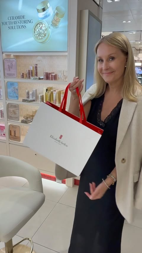 Instagram post by @nadinebaggott for Elizabeth Arden. Caption reads: AD COME WITH ME TO THE NEW @ELIZABETHARDEN COUNTER....