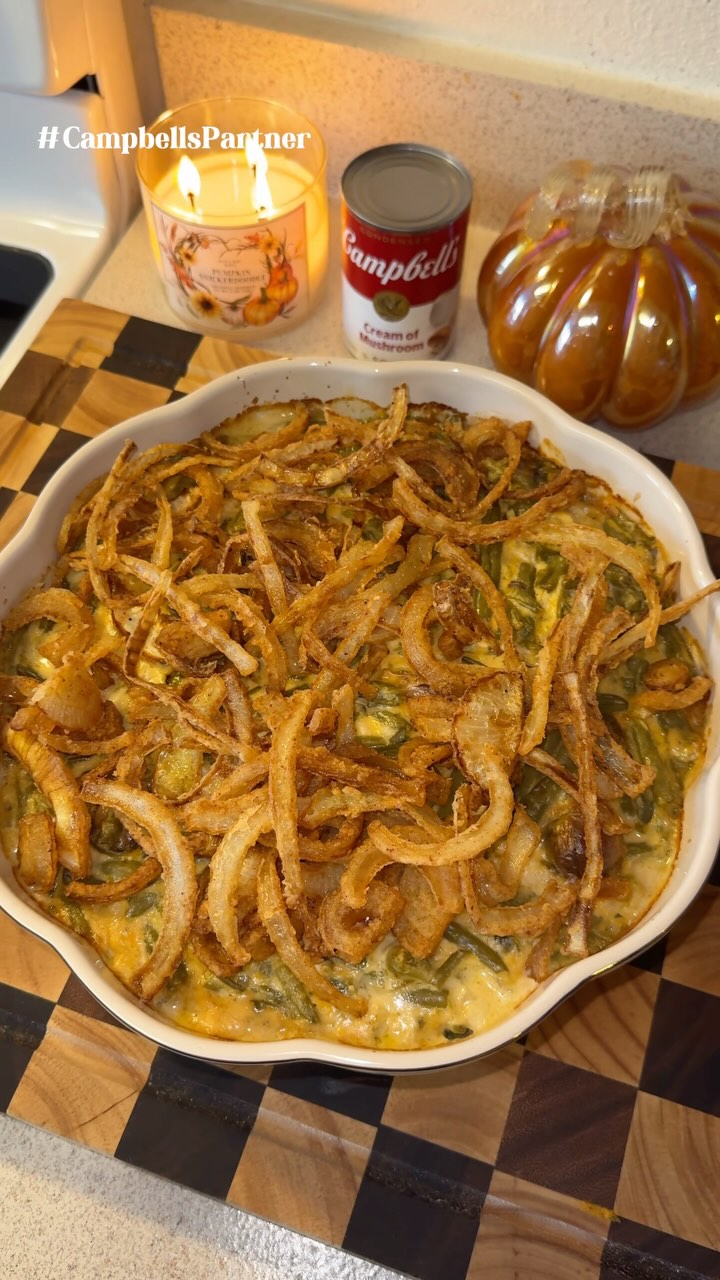 Instagram post by @cookinwithmegg for Campbell's. Caption reads: #CampbellsPartner Green bean casserole is one of....