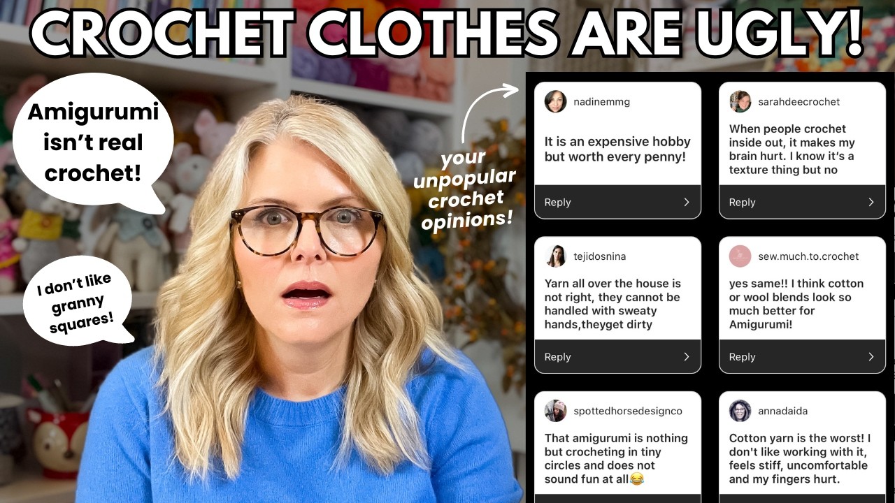 YouTube post by @EliseRoseCrochet for Crochet. Caption reads: Certified Crochet Instructor Reacts to YOUR....