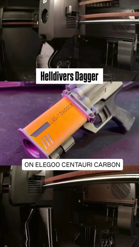 Instagram post by @mangoloo.cos for ELEGOO. Caption reads: Printed Helldivers 2 LAS-7 Dagger on Elegoo’s....