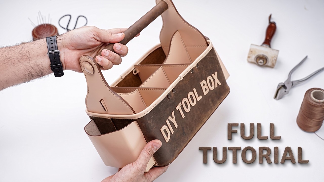 YouTube post by @tonyseePatterns for xTool. Caption reads: How to make a leather tool box, start to finish.....