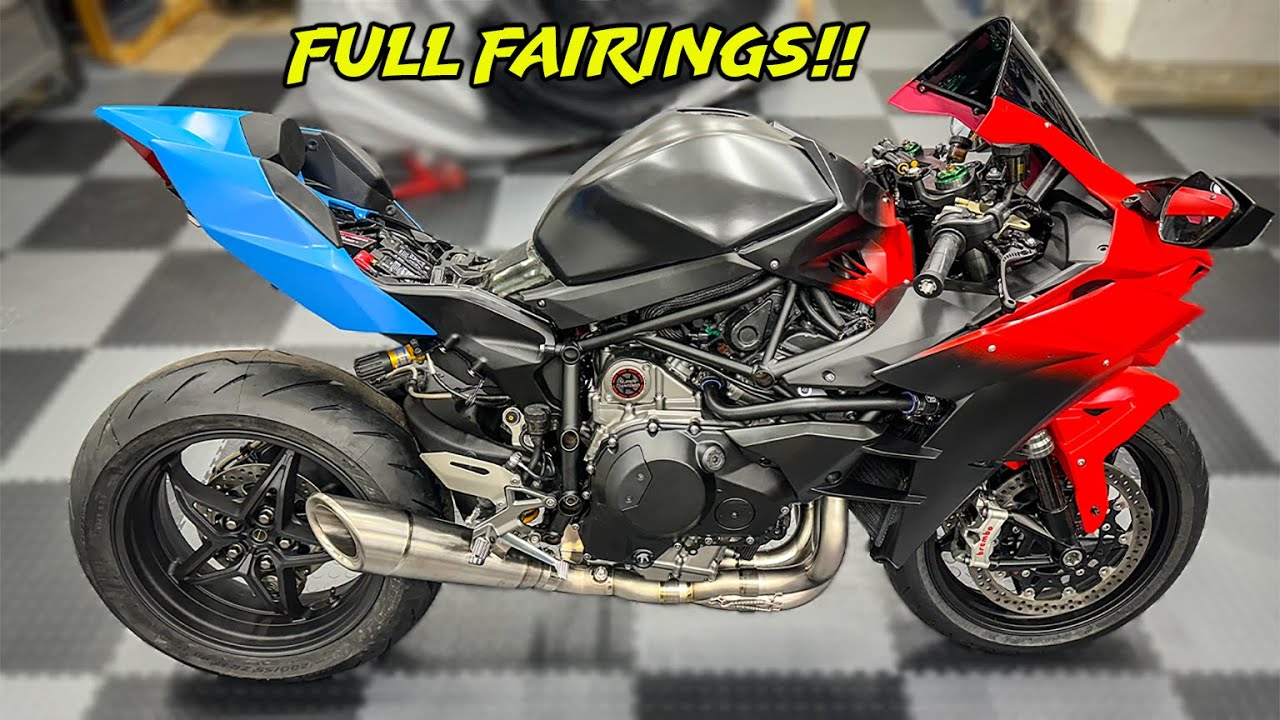 YouTube post by @CJMediaOfficial for Amotopart. Caption reads: Rebuilding A Wrecked 2023 Kawasaki Ninja H2 (Part....