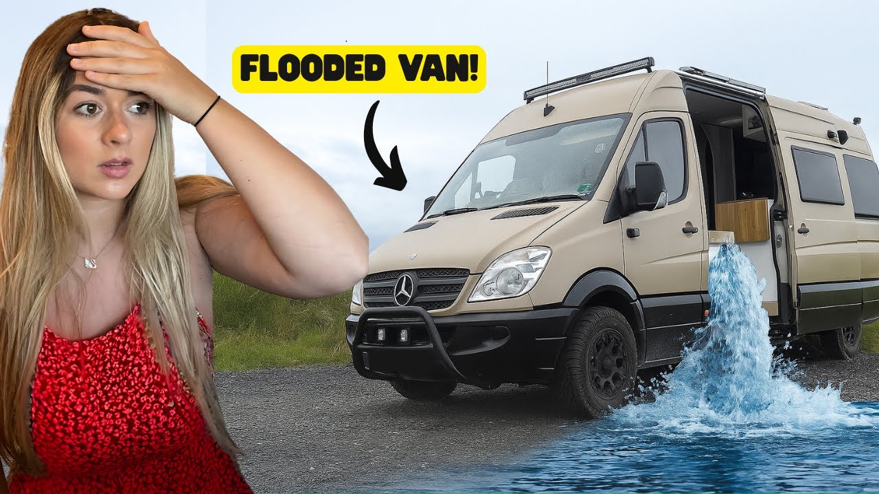 YouTube post by @Steps2adventure for yfood. Caption reads: Van Life Europe Gone Wrong! Our Campervan FLOODED....