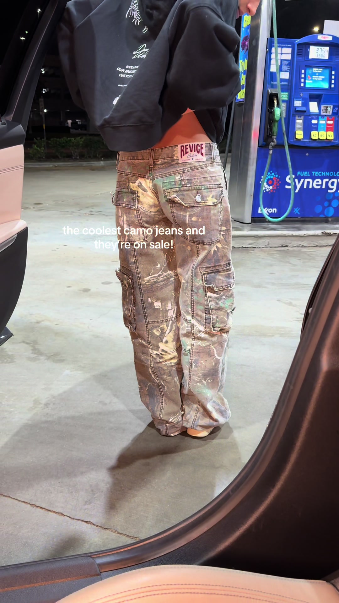 TikTok post by @nothanksimhungry for Revice Denim. Caption reads: the coolest camo car cargo jeans!....