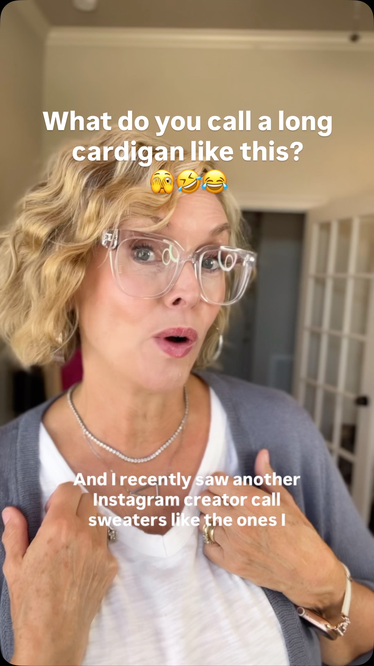 Instagram post by @pearlsandpantsuits for J.Jill. Caption reads: 😎 So what are we calling long cardigans these....