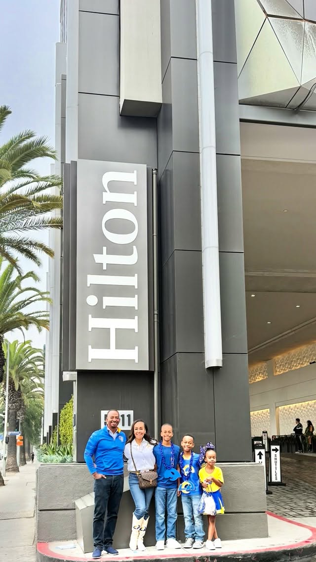 Instagram post by @inspiredchick for Hilton Hotels & Resorts. Caption reads: We never miss a Rams game — but that L.A. drive?....