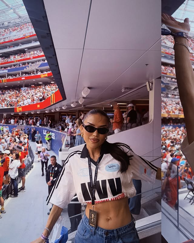 Instagram post by an influencer for NYX Professional Makeup. Caption reads: A little fútbol, a little glam and a whole lot of....