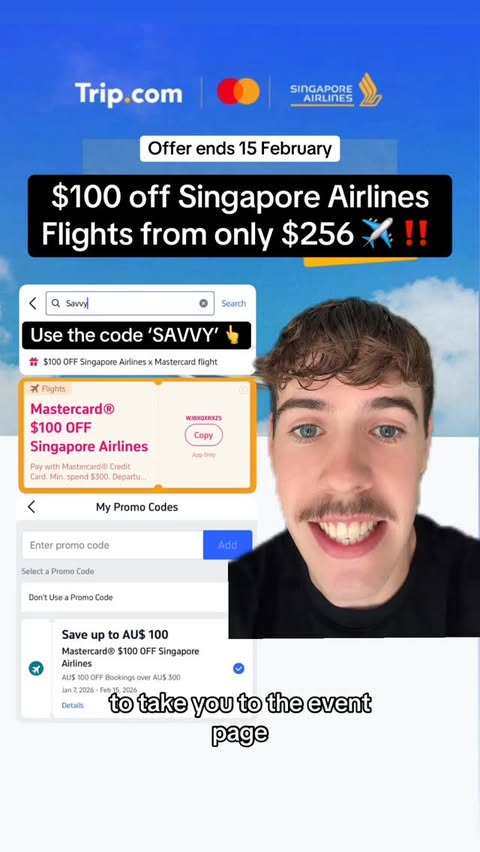 Instagram post by @savvynotstingy for Trip.com. Caption reads: [...] using a Mastercard Credit Card on the....