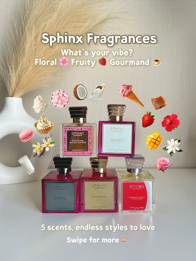 Instagram post by @sweethings_fragrance for Sphinx Fragrances. Caption reads: ✨ Sphinx Perfumes – Which is your style: floral,....