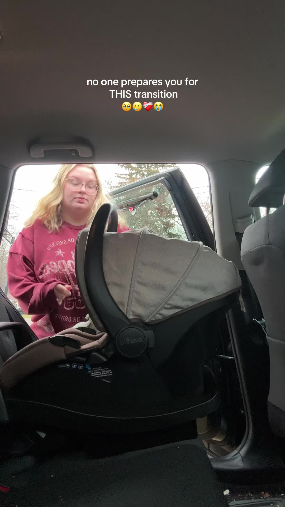 TikTok post by @maddiekhoum for Evenflo. Caption reads: [...] much happier in this carseat though 😌....