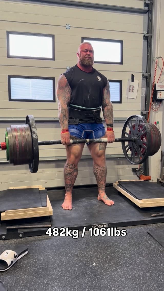 Instagram post by @thorbjornsson for Reign Body Fuel. Caption reads: 482kg / 1061lbs! 18 inch deadlift. I’m ready to....