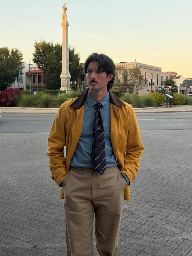 Instagram post by @harrytoohey for J.Crew. Caption reads: [...] be complete without the barn jacket....