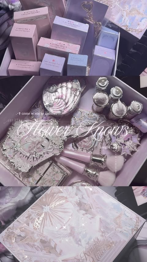 Instagram post by @9ryuq for Flower Knows Cosmetics. Caption reads: ପ˚₊· unboxing.. 𝒻𝓁𝑜𝓌𝑒𝓇𝓀𝓃𝑜𝓌𝓈 [ knight....